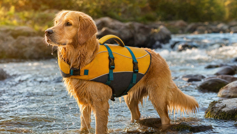 Perro con chaleco salvavidas amarillo y gris vadeando un rio