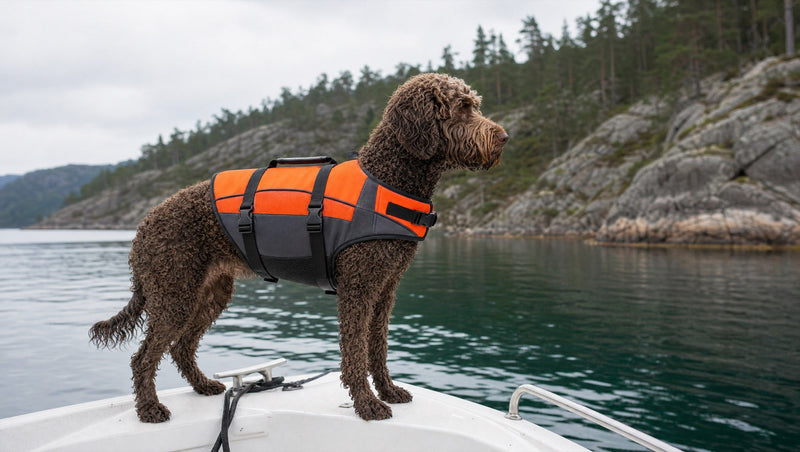 Perro con chaleco salvavidas naranja y gris en la proa de una barca