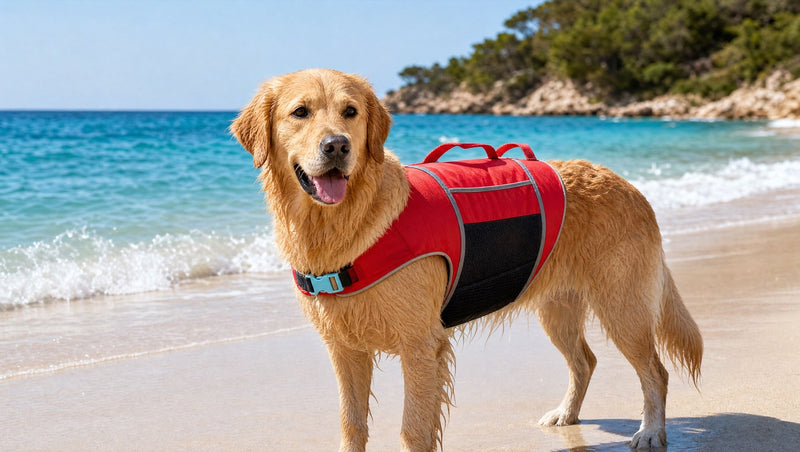 Perro con chaleco salvavidas rojo en la orilla de una playa