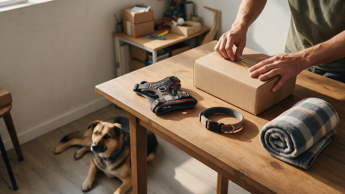 Preparando un pedido en una mesa con accesorios para perro