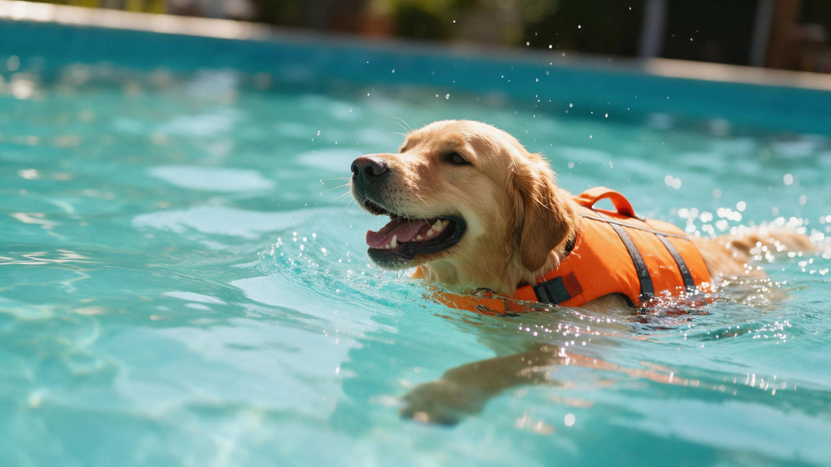 Perro nadando con un chaleco salvavidas naranja
