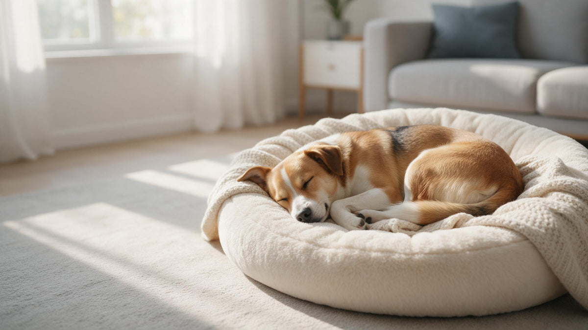 Perro durmiendo en una cama redonda de tejido suave