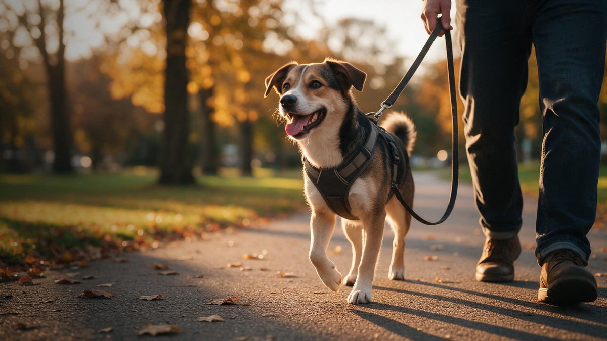 Perro paseando con arnés y correa al atardecer