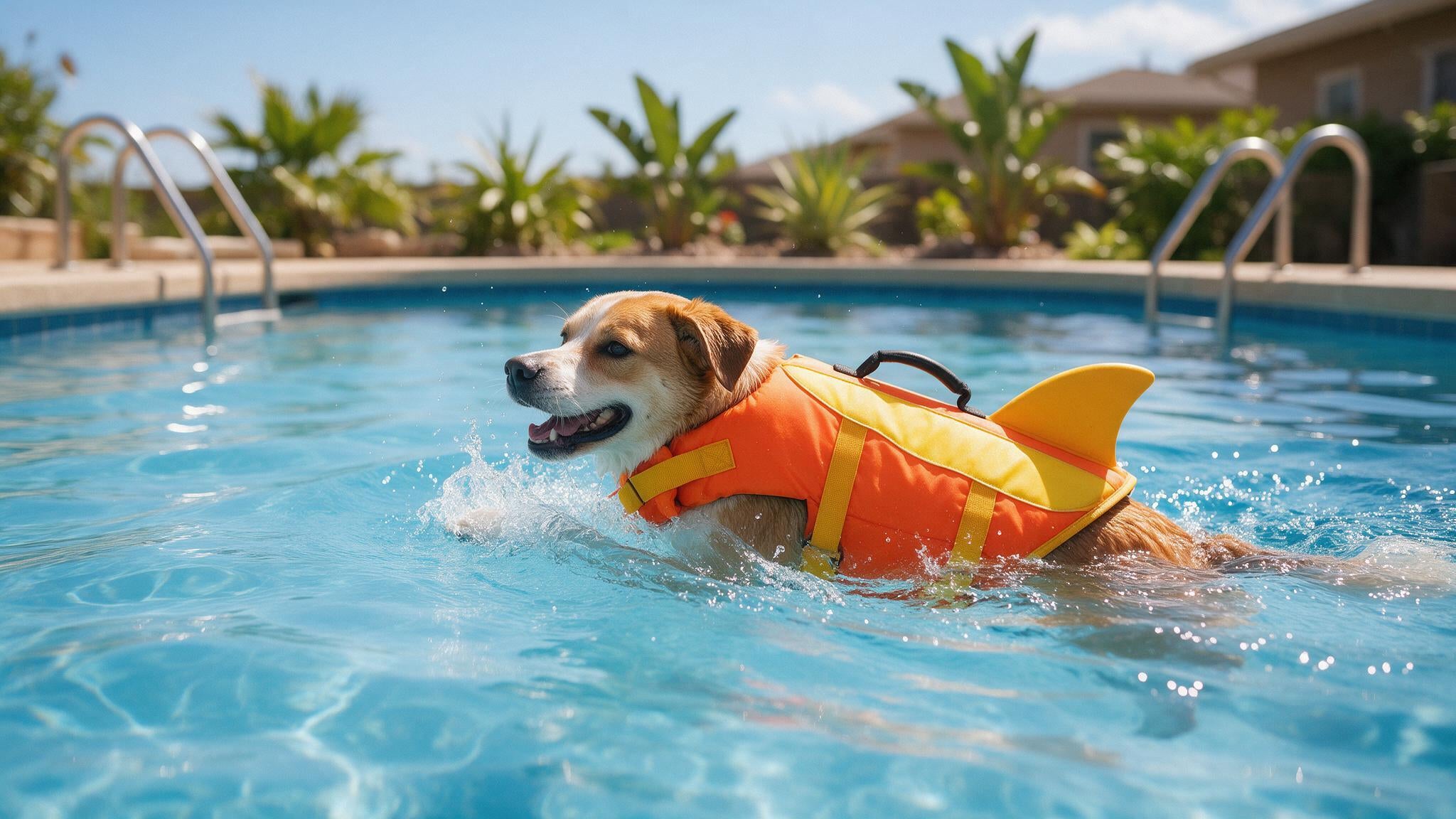 Perro nadando en una piscina con chaleco salvavidas naranja y amarillo con aleta