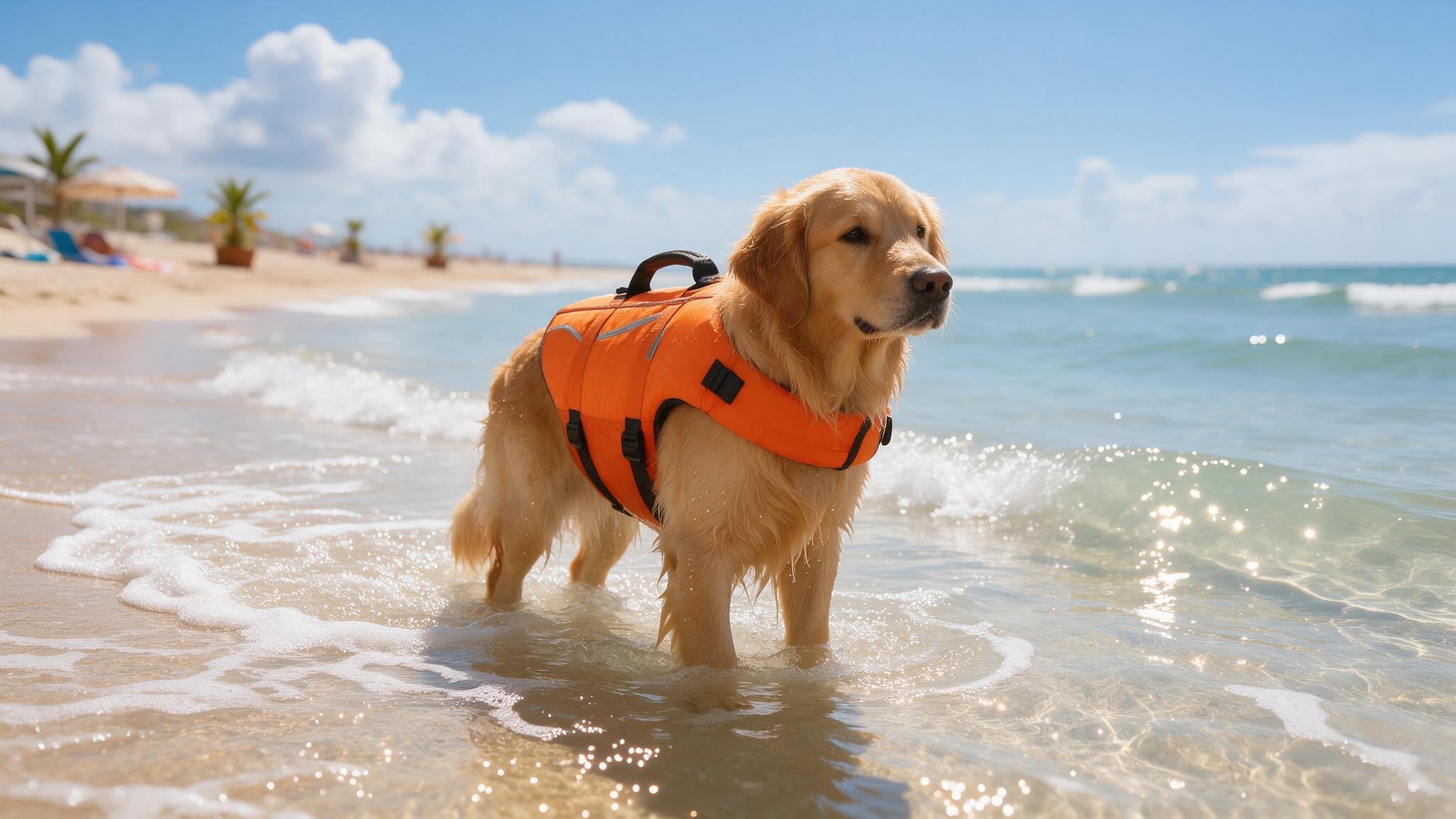 Perro con chaleco naranja en la orilla