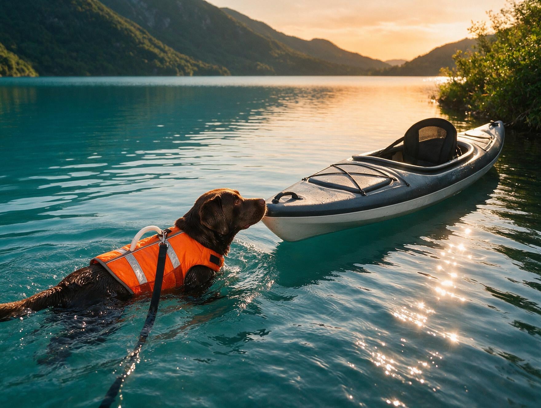 Perro con chaleco salvavidas en el borde de una piscina