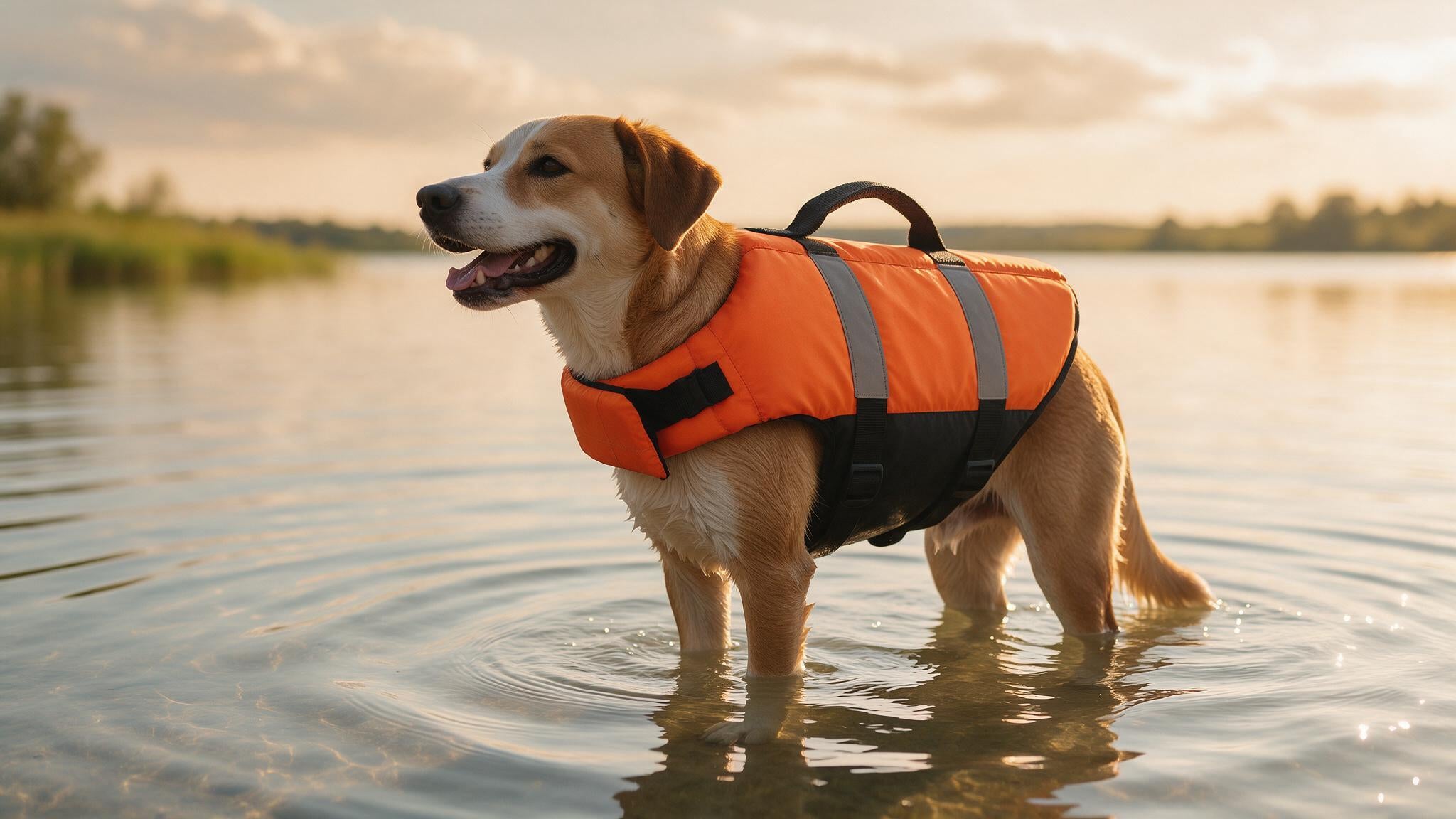 Perro en un lago al atardecer con chaleco salvavidas naranja con bandas reflectantes